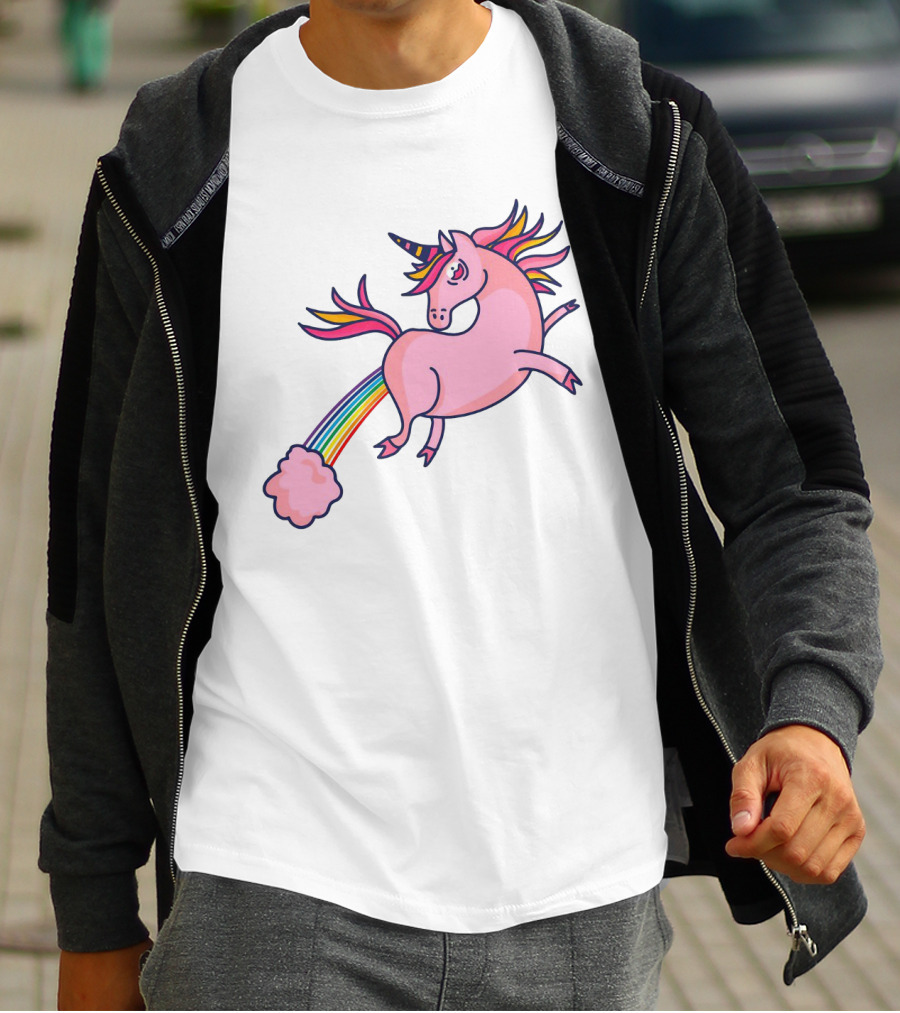Magical Unicorn With Rainbow Tail And Puffy Clouds T-Shirt