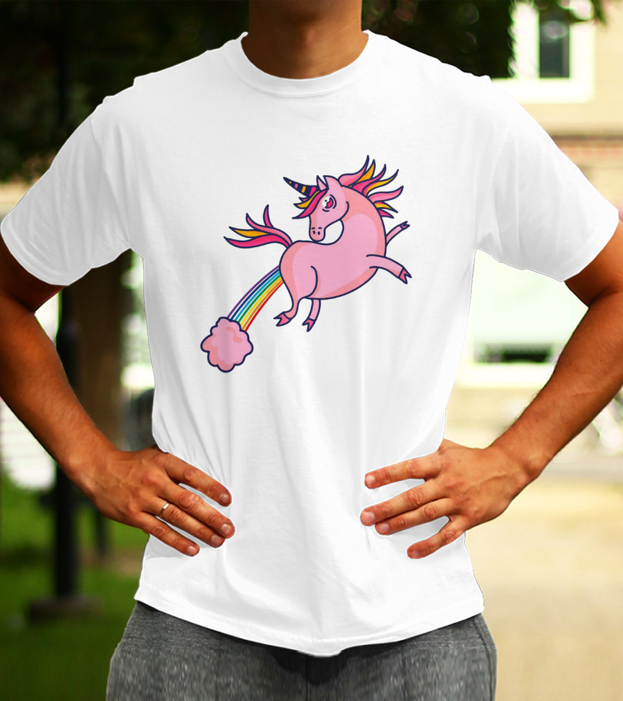 Magical Unicorn With Rainbow Tail And Puffy Clouds T-Shirt