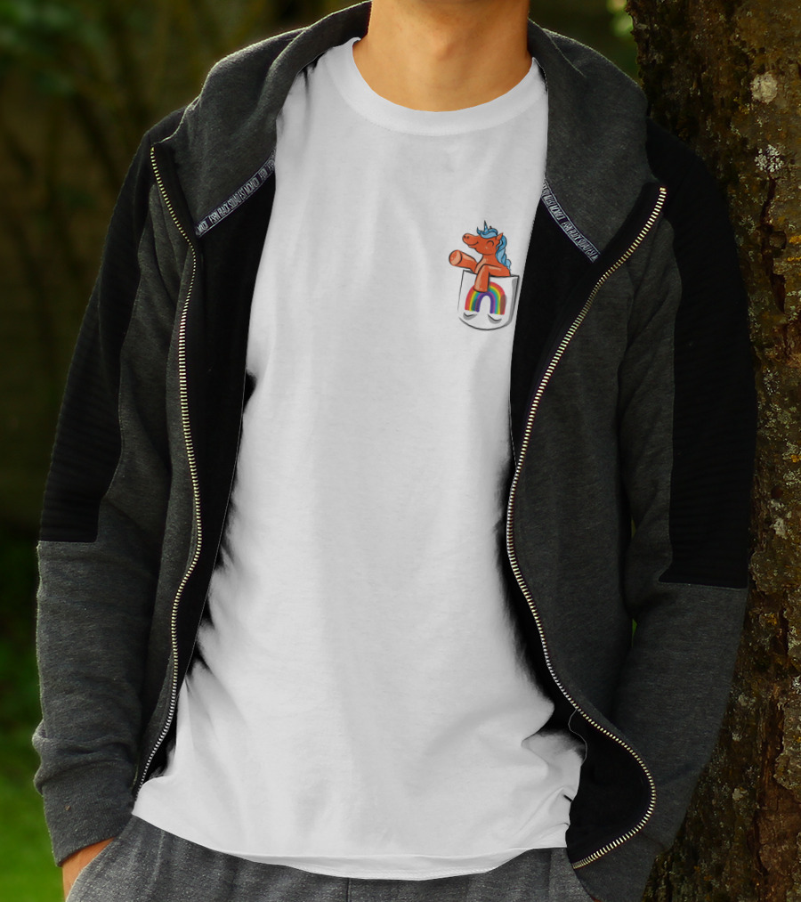 Orange Unicorn With Rainbow Pocket Swirl T-Shirt