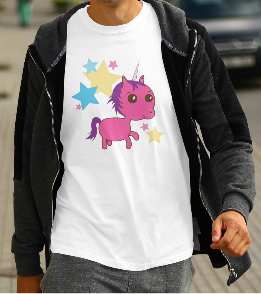 Pink Trippin Sparkles Unicorn With Colorful Stars T-Shirt