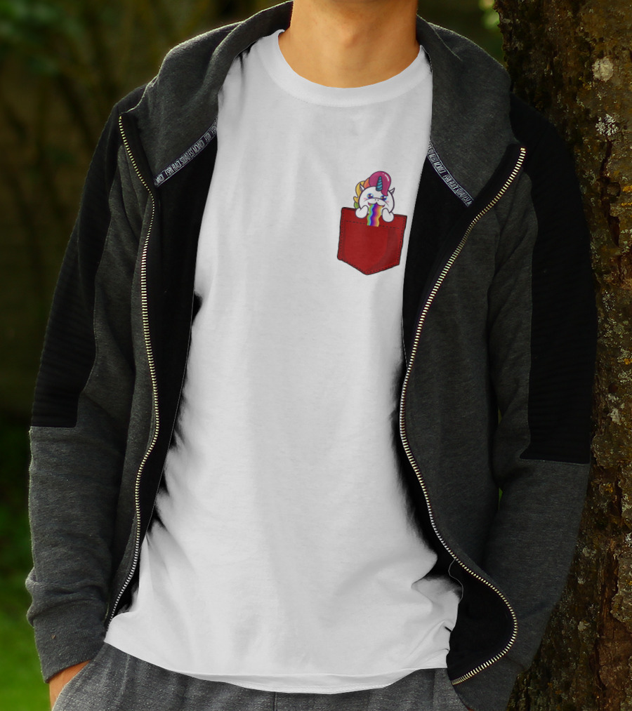 Crying Rainbow Unicorn In Red Pocket T-Shirt