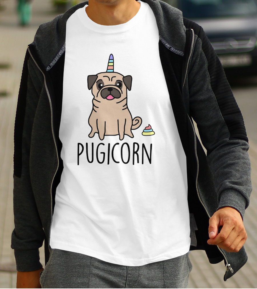 Pugicorn Rainbow Unicorn Horn Pug With Colorful Poop T-Shirt