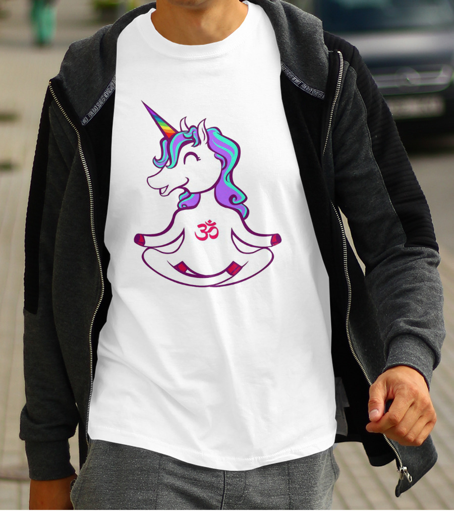Colorful Yoga Unicorn With Om Symbol In Peaceful Pose T-Shirt