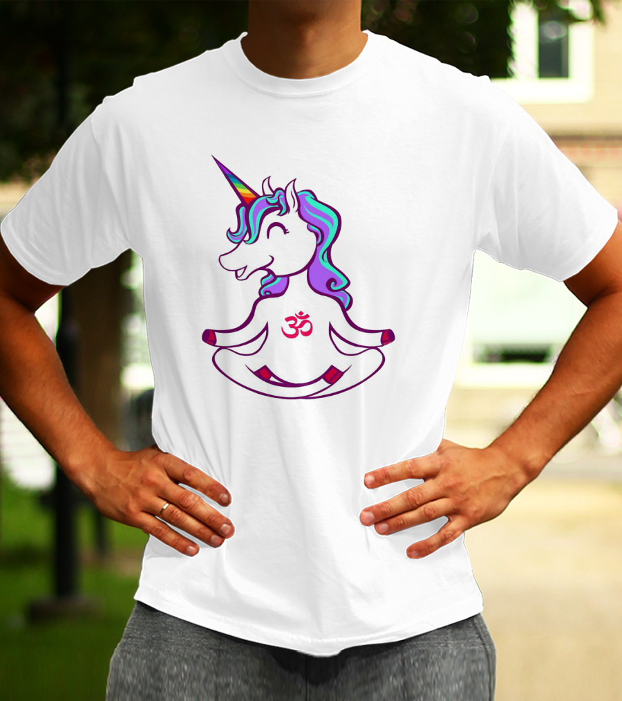 Colorful Yoga Unicorn With Om Symbol In Peaceful Pose T-Shirt