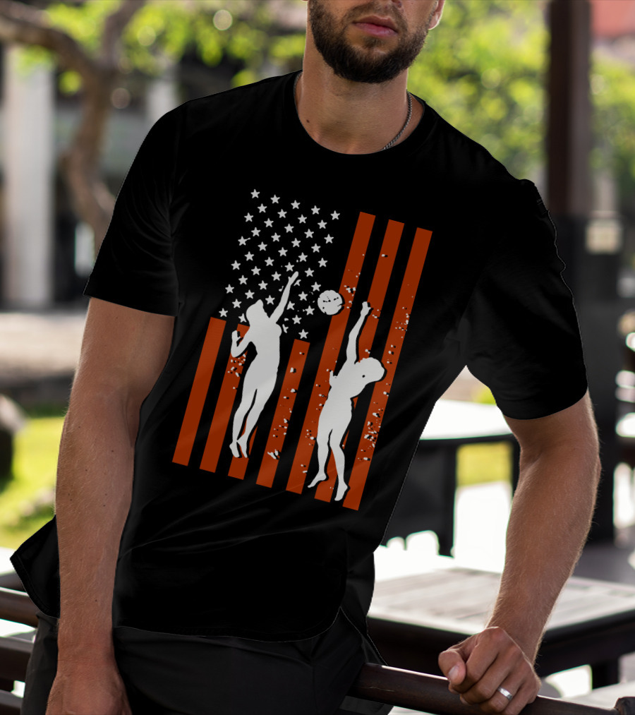 Volleyball Silhouettes Against American Flag Patriotic Sports Scene T-Shirt
