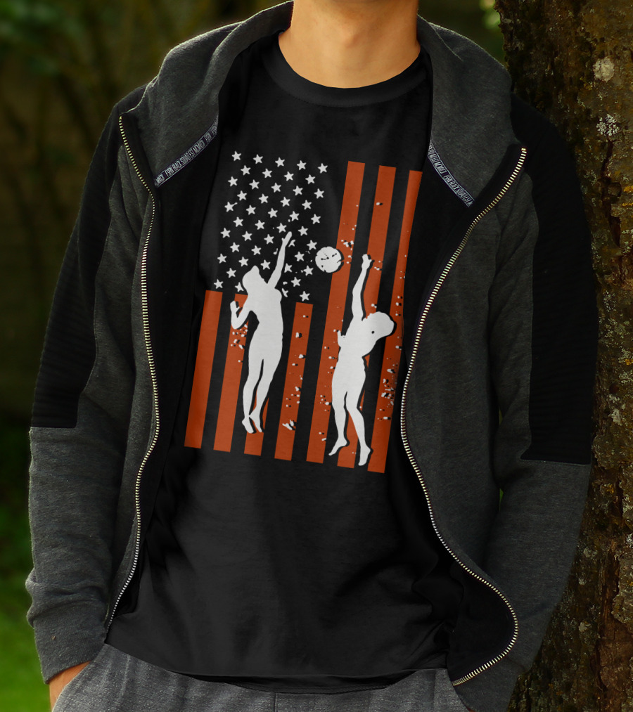Volleyball Silhouettes Against American Flag Patriotic Sports Scene T-Shirt