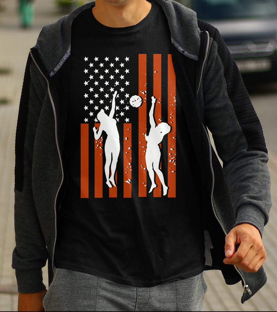 Volleyball Silhouettes Against American Flag Patriotic Sports Scene T-Shirt