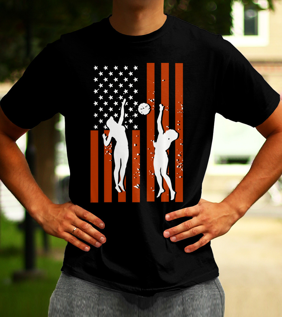 Volleyball Silhouettes Against American Flag Patriotic Sports Scene T-Shirt