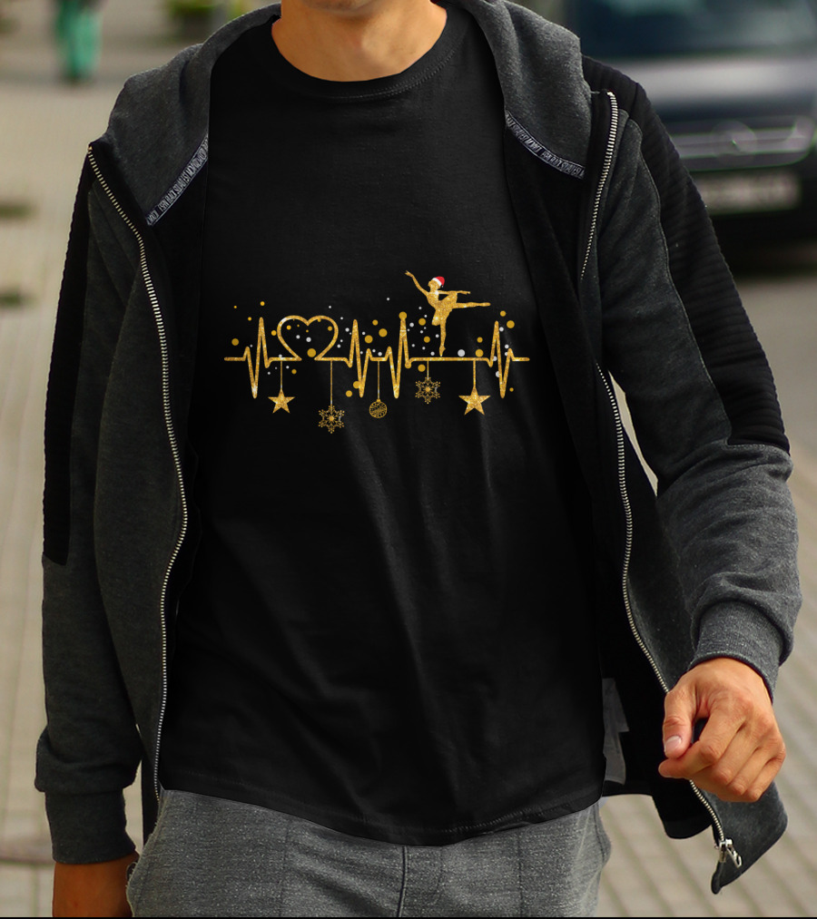 Ballet Dancer Heartbeat Golden Christmas Theme With Stars And Santa Hat Elements T-Shirt