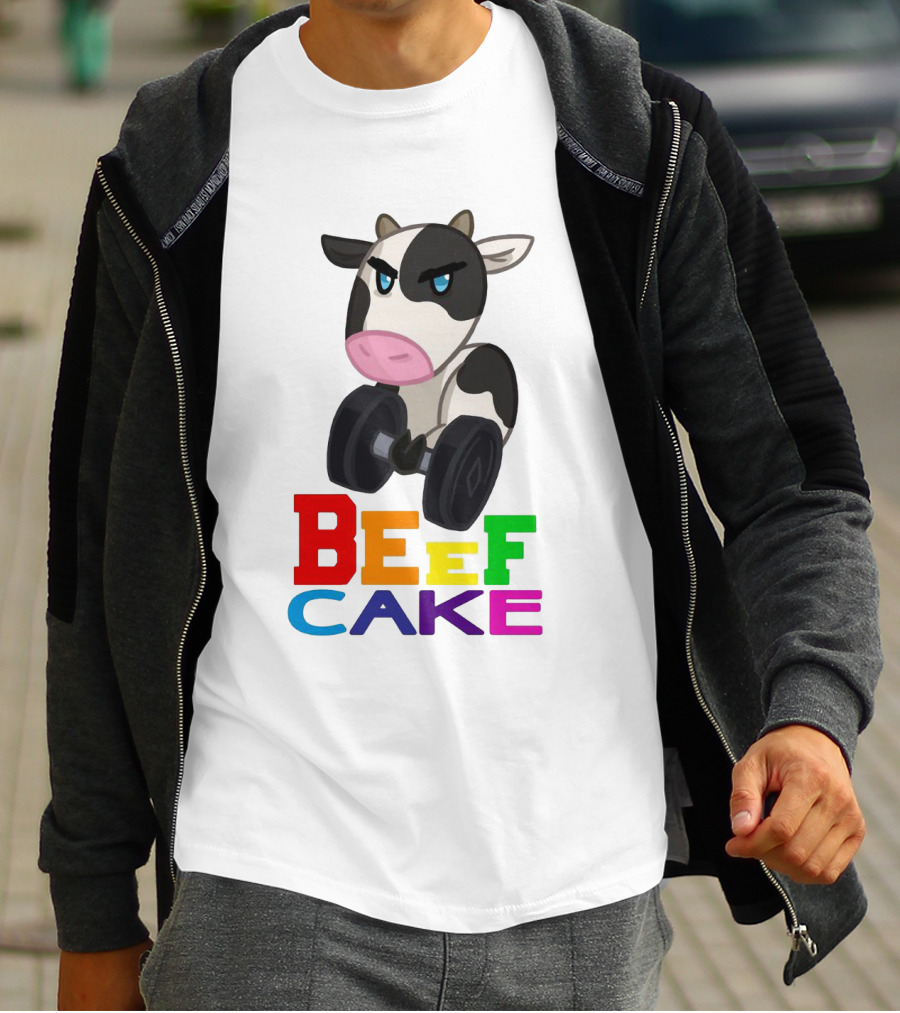 Beefcake Cow Lifting Dumbbells Cartoon T-Shirt