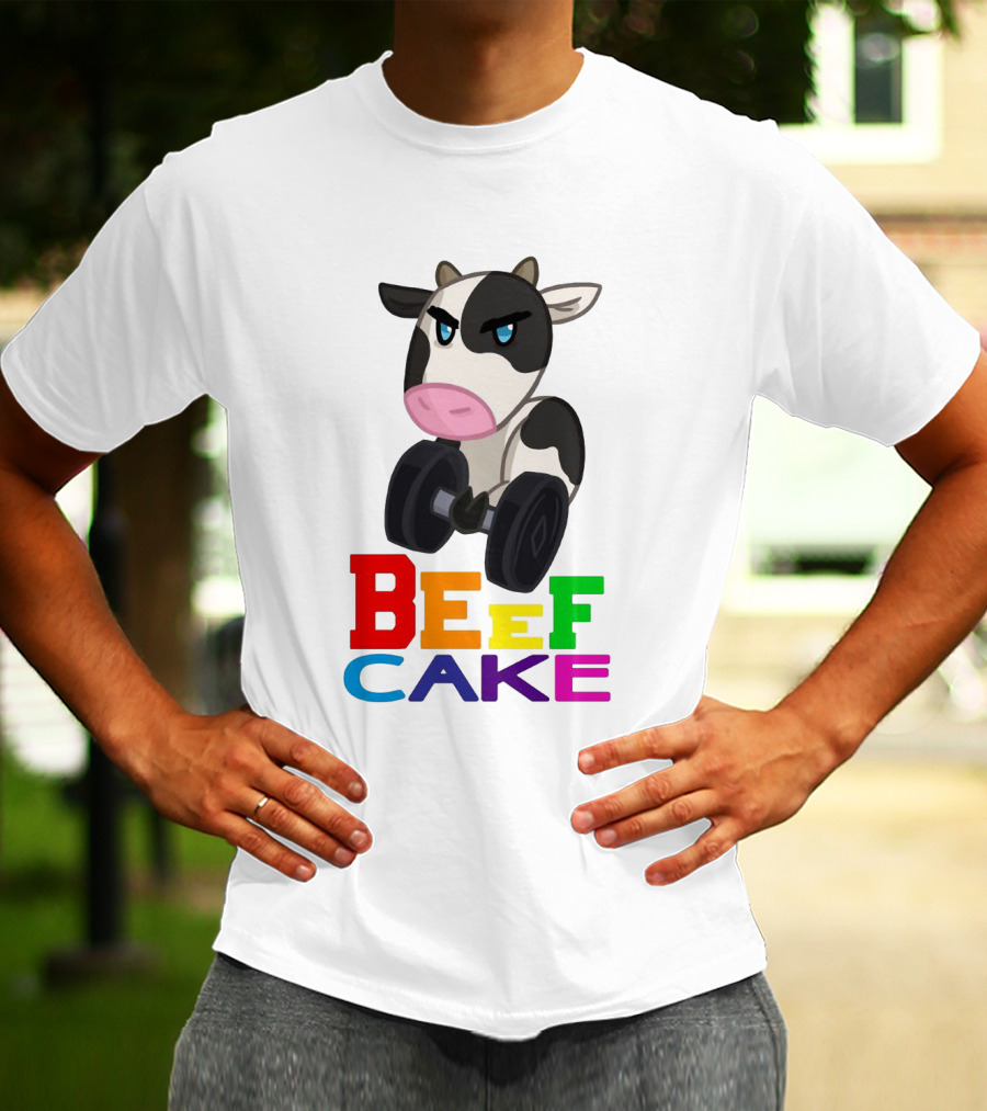 Beefcake Cow Lifting Dumbbells Cartoon T-Shirt