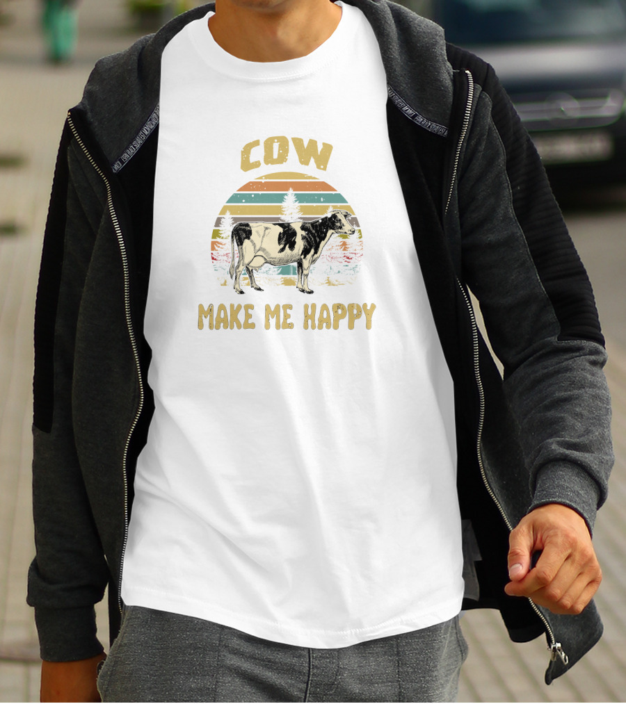 Cow Make Me Happy Retro Vintage Sunset Cow T-Shirt
