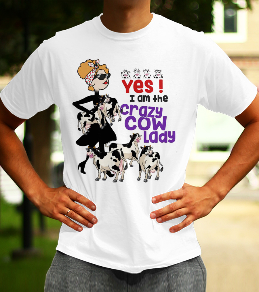 Yes I Am The Crazy Cow Lady With Cartoon Cows And Stylish Woman In Red Bandana And Sunglasses T-Shirt