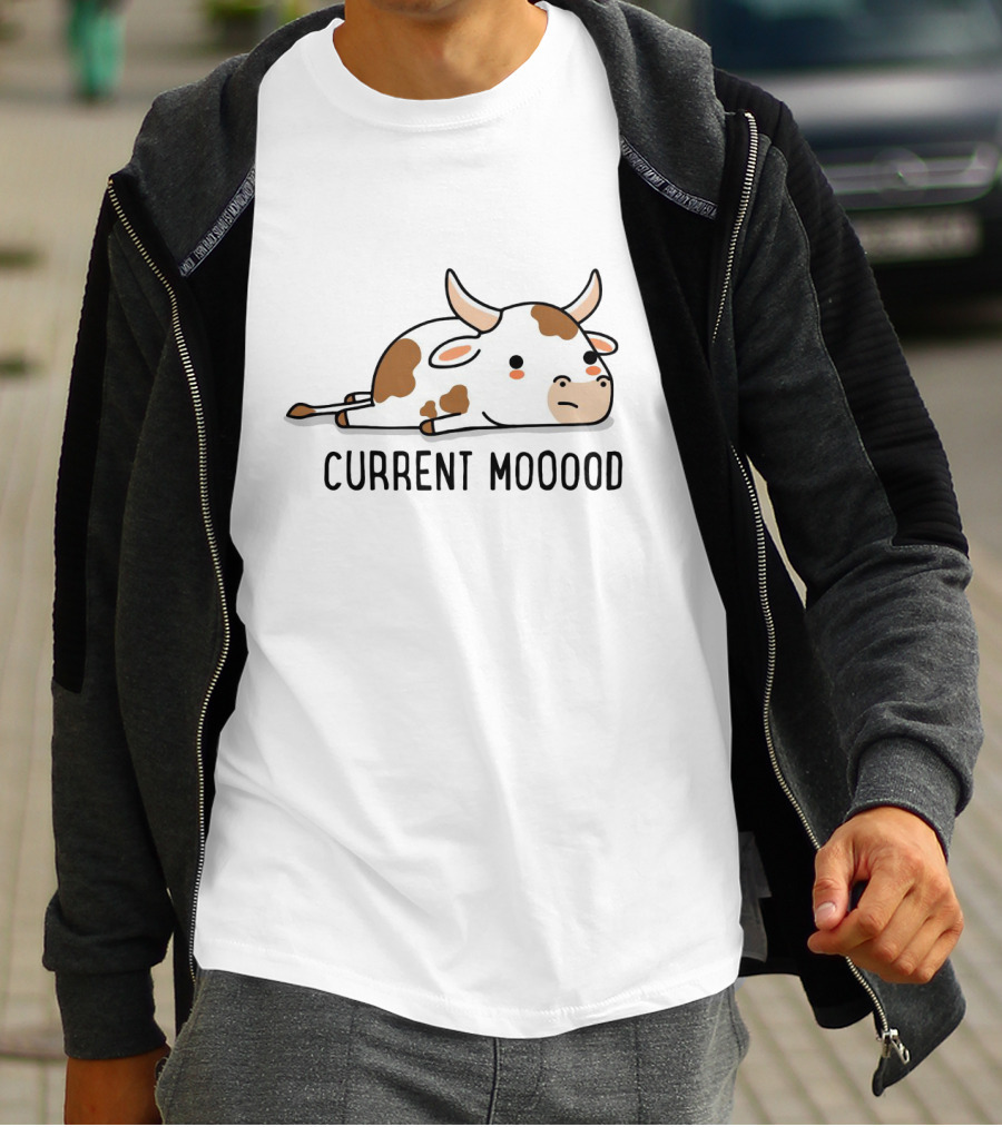 Current Mooood Lazy Cow Cartoon Lying Down T-Shirt