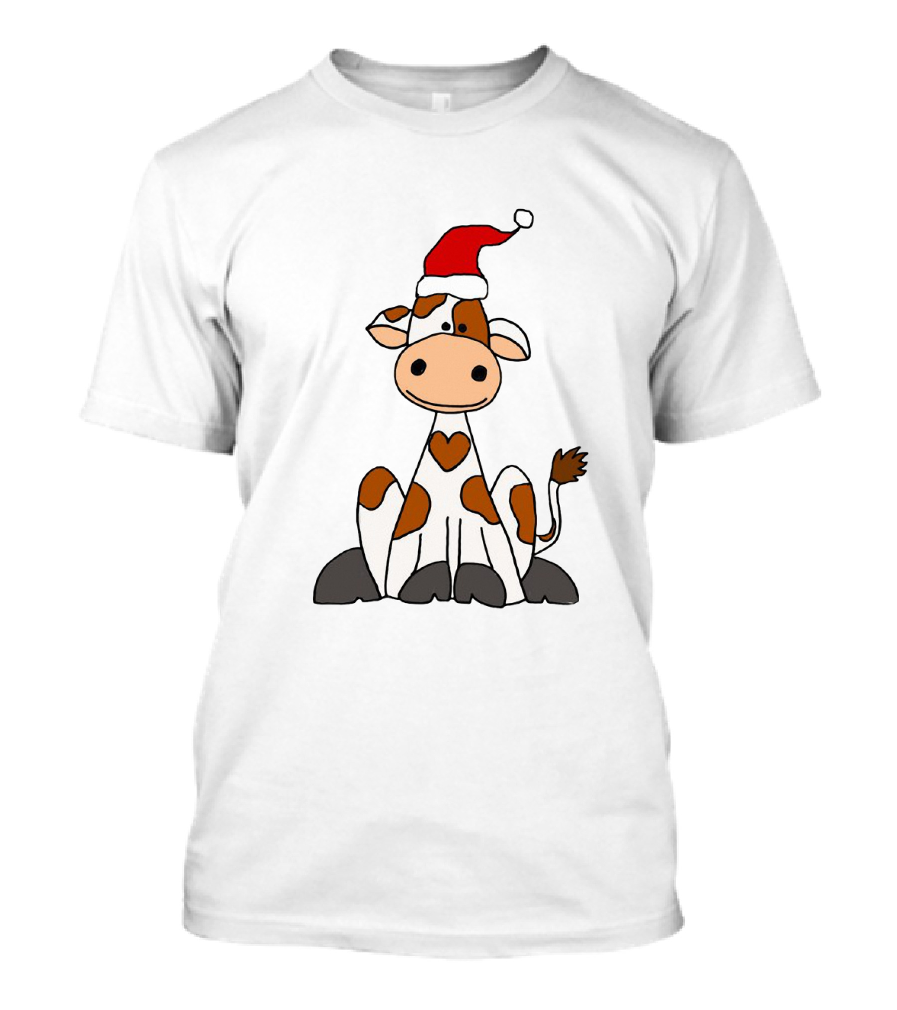 Cute Brown And White Cow Wearing Christmas Santa Hat Cartoon T-Shirt