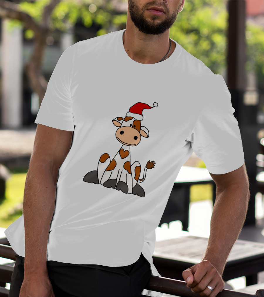 Cute Brown And White Cow Wearing Christmas Santa Hat Cartoon T-Shirt
