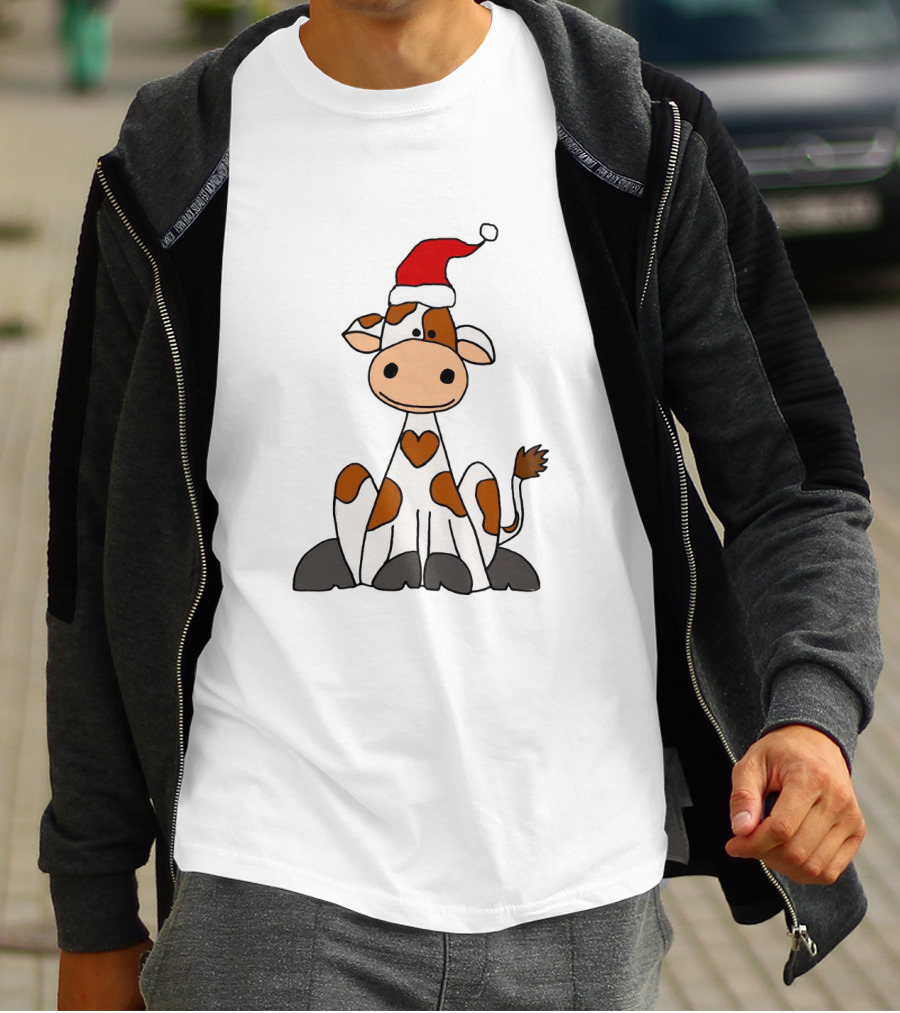 Cute Brown And White Cow Wearing Christmas Santa Hat Cartoon T-Shirt