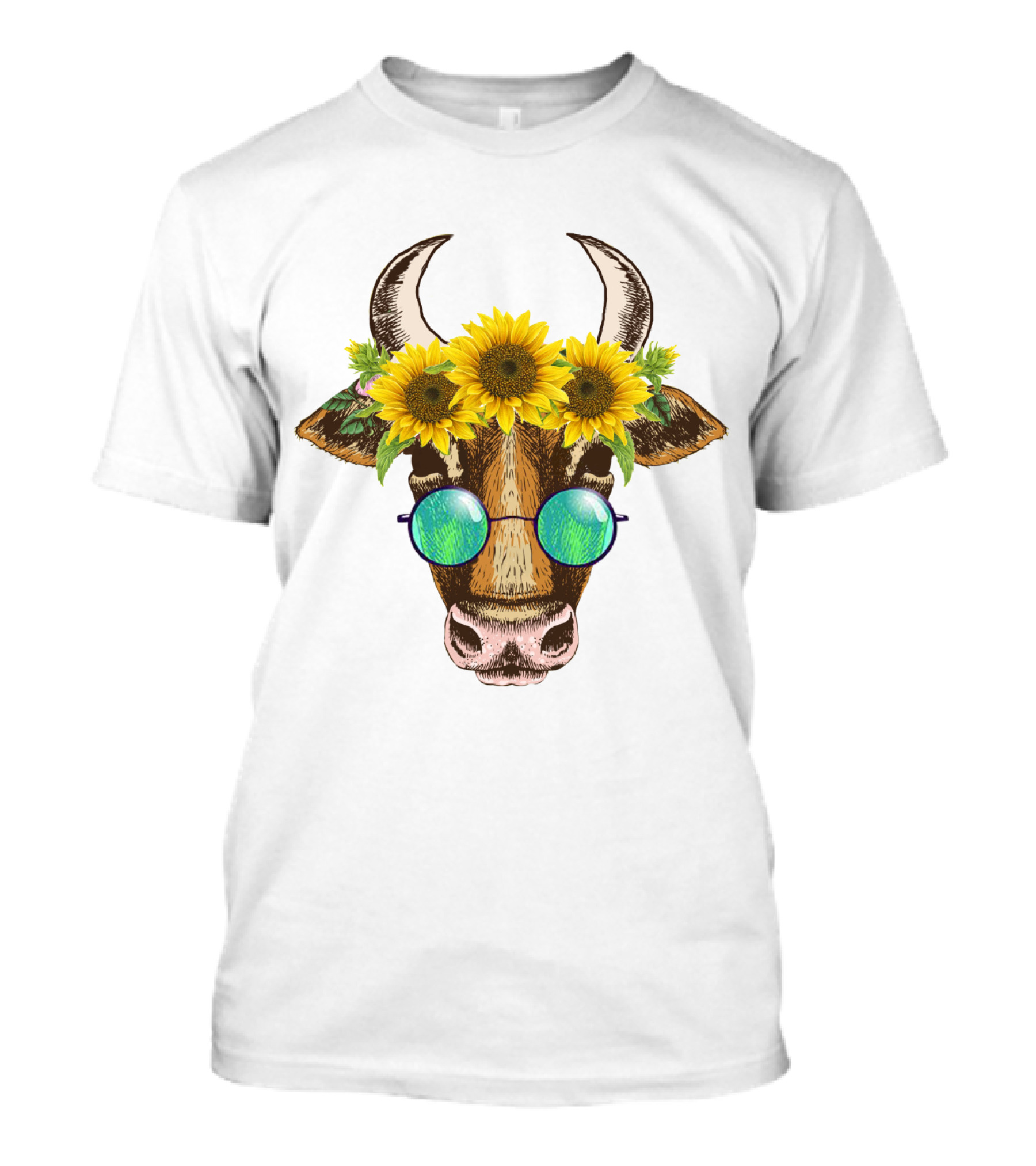 Cute Cow With Sunflower And Sunglasses Headpiece T-Shirt