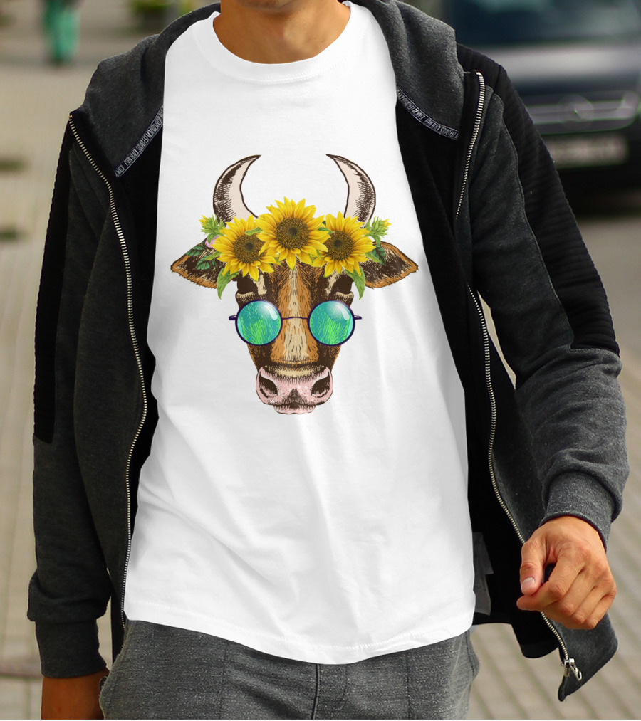 Cute Cow With Sunflower And Sunglasses Headpiece T-Shirt