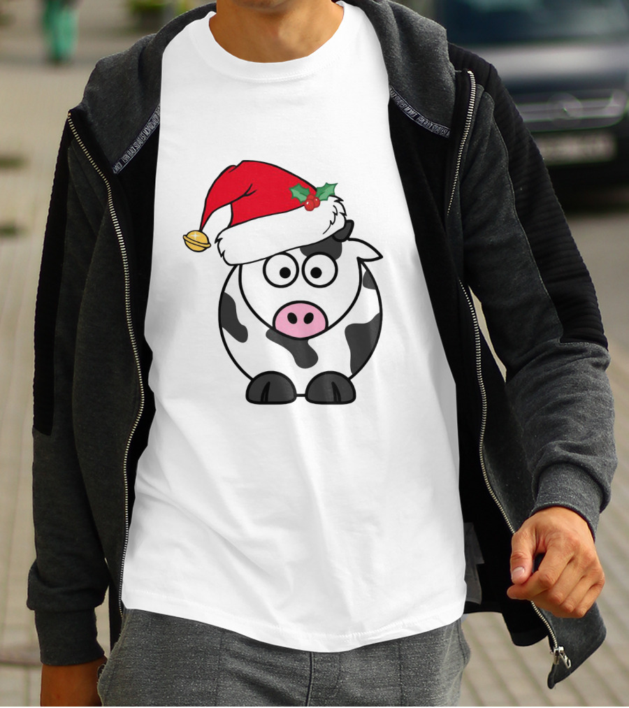 Cartoon Cow With Santa Hat And Holly Christmas Charm T-Shirt