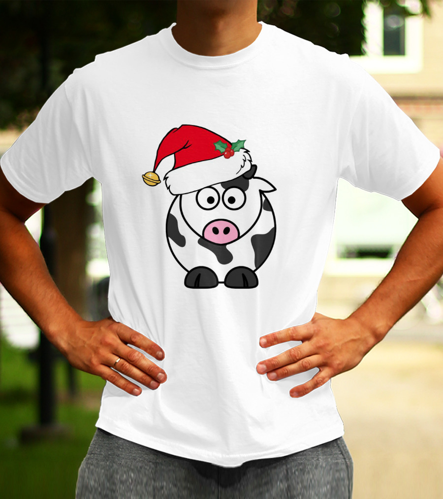 Cartoon Cow With Santa Hat And Holly Christmas Charm T-Shirt