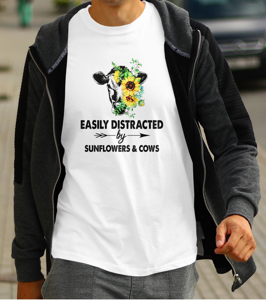 Easily Distracted By Vibrant Sunflowers And Playful Cows With Floral Accents T-Shirt