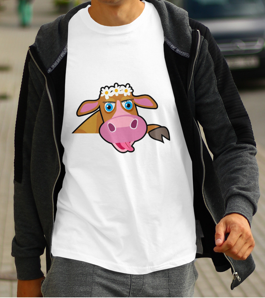 Farm Animals Cows Cute Cartoon Brown Cow With Daisy Headband T-Shirt