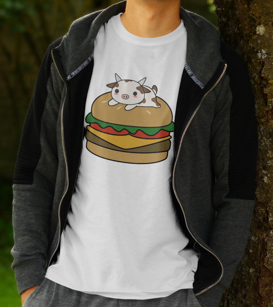 Funny Burger Cow Kawaii Cartoon Cheeseburger With Cute Animal Topping T-Shirt