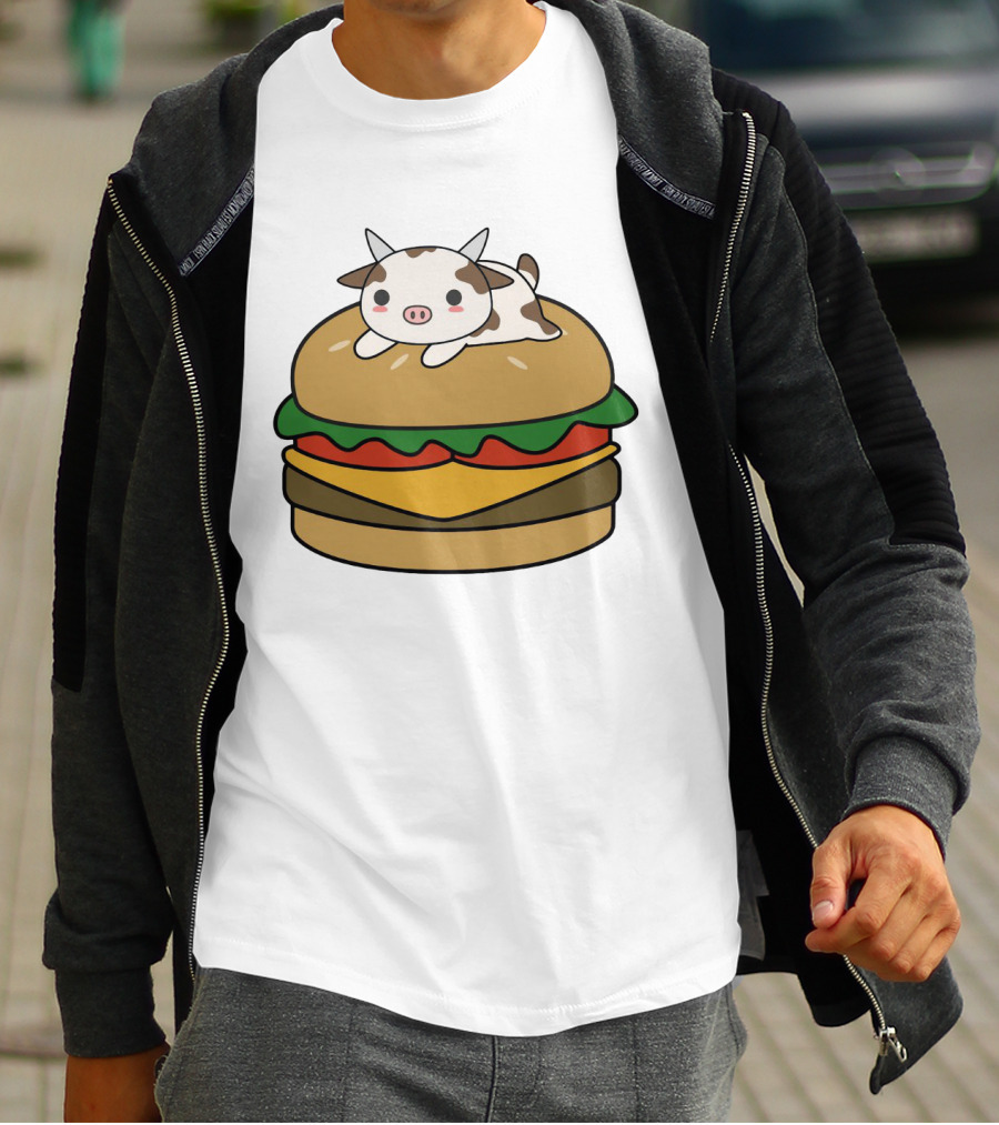 Funny Burger Cow Kawaii Cartoon Cheeseburger With Cute Animal Topping T-Shirt