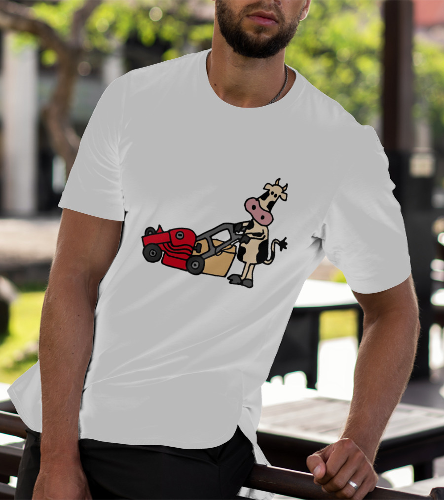 Funny Cow Mowing Grass Cartoon With Red Lawn Mower T-Shirt