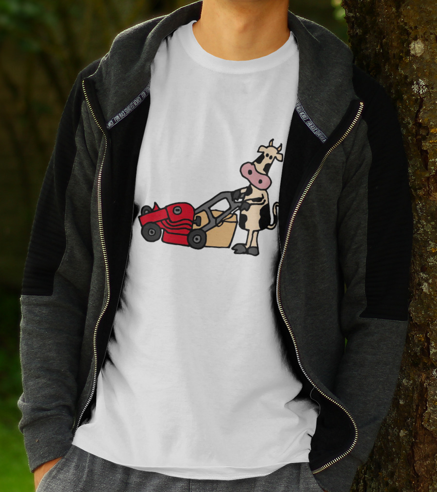 Funny Cow Mowing Grass Cartoon With Red Lawn Mower T-Shirt