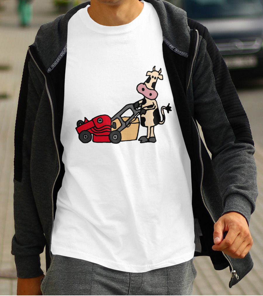 Funny Cow Mowing Grass Cartoon With Red Lawn Mower T-Shirt
