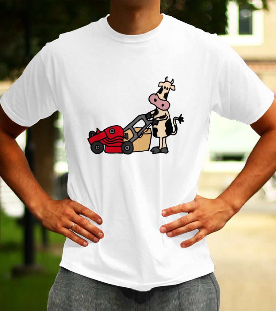 Funny Cow Mowing Grass Cartoon With Red Lawn Mower T-Shirt