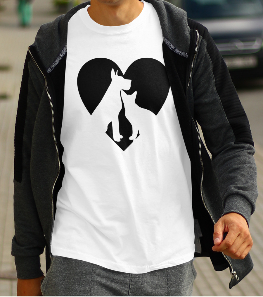 Love Animals Heart Silhouette Featuring Dog And Cat T-Shirt