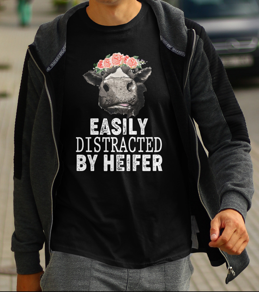 Easily Distracted By Heifer Floral Cow With Flower Crown T-Shirt
