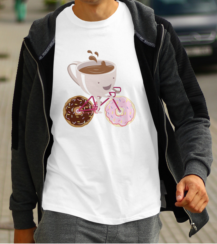 Happy Coffee Cup Riding Donut Bicycle Fun T-Shirt