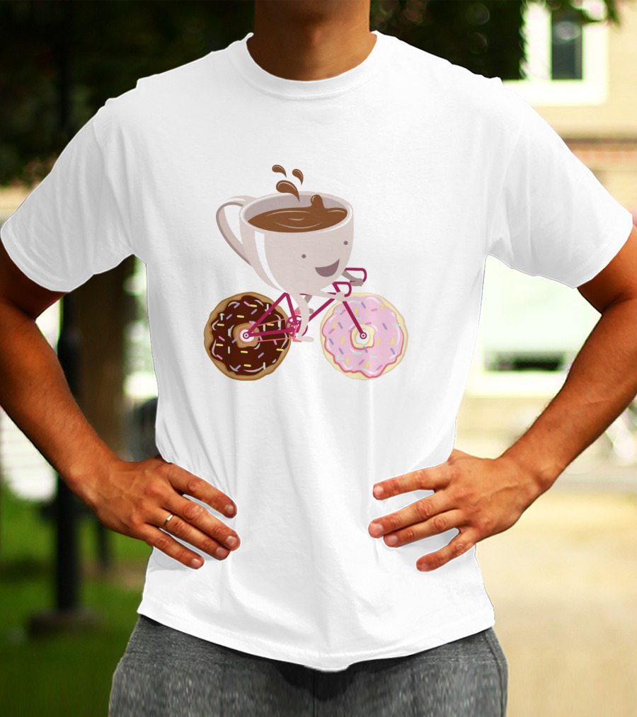 Happy Coffee Cup Riding Donut Bicycle Fun T-Shirt
