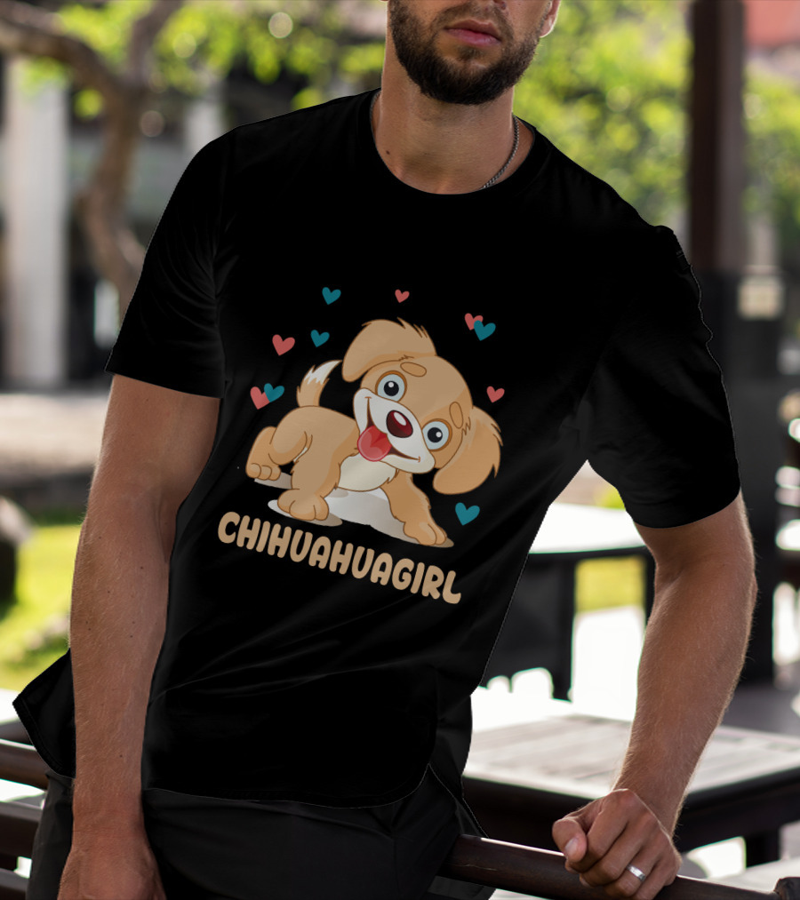 Chihuahuagirl Cute Cartoon Puppy Surrounded By Colorful Hearts T-Shirt