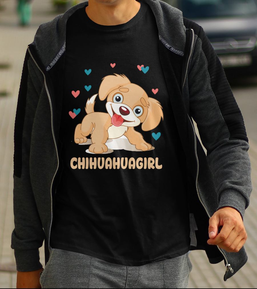 Chihuahuagirl Cute Cartoon Puppy Surrounded By Colorful Hearts T-Shirt