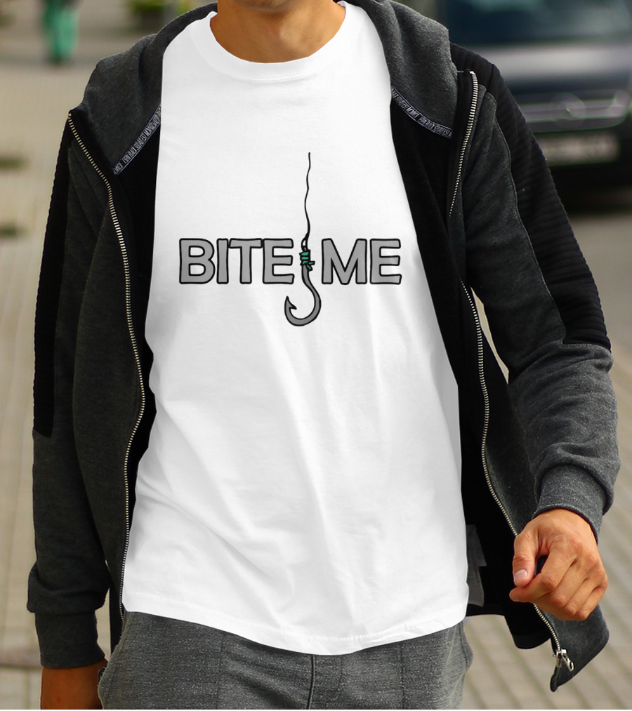 Bite Me Fishing Hook Graphic Humor T-Shirt