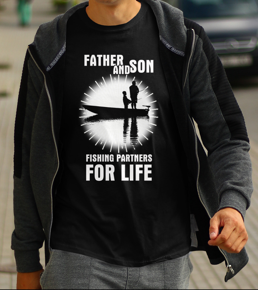 Father And Son Fishing Partners For Life Boat Silhouette Sunburst T-Shirt
