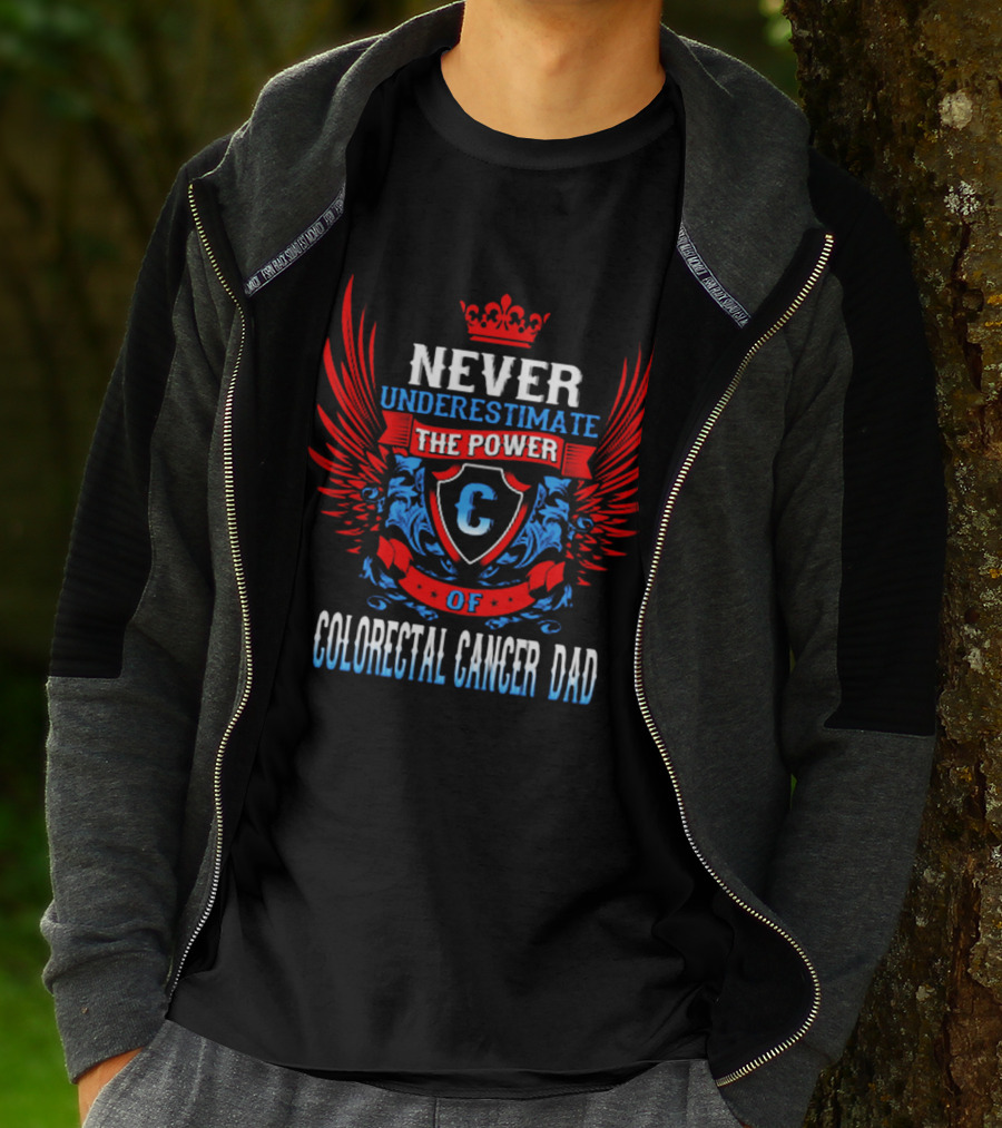 Never Underestimate The Power Of Colorectal Cancer Dad Emblem With Wings T-Shirt