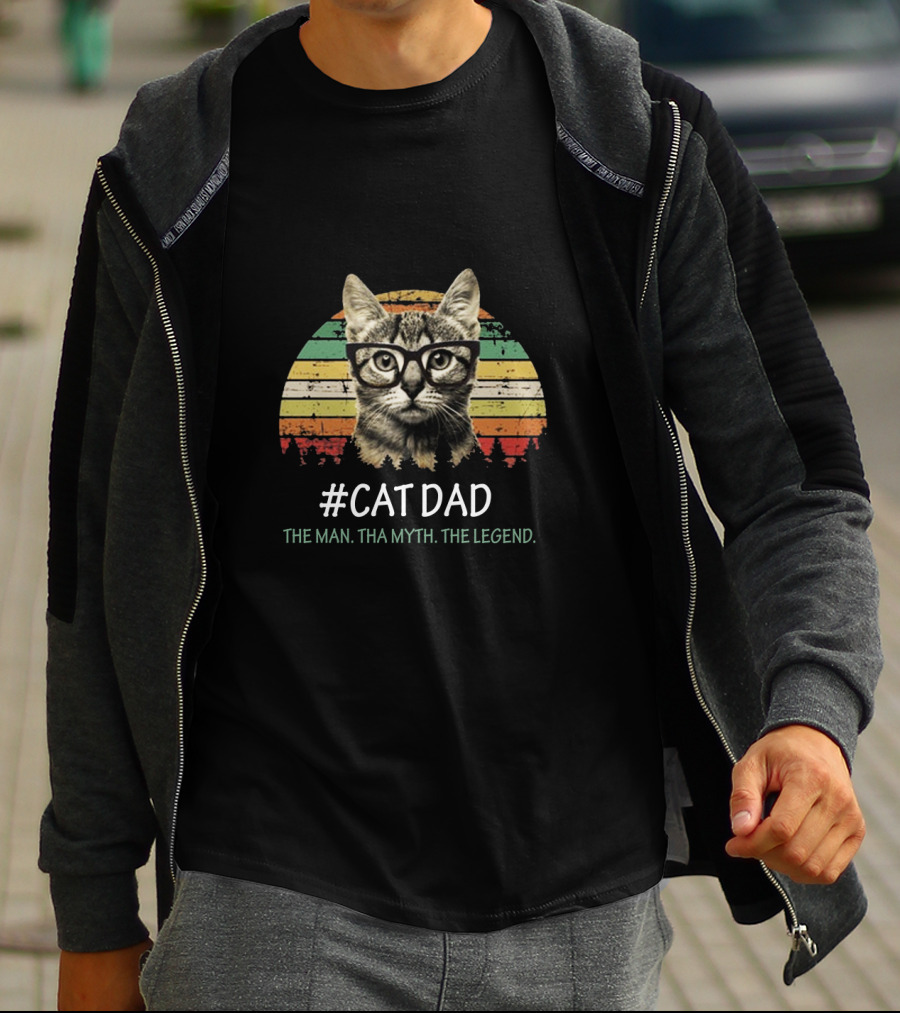 Cat Dad The Man Tha Myth The Legend Vintage Striped Glasses Cat T-Shirt