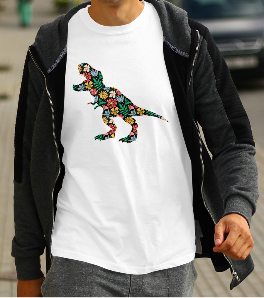 Floral Dinosaur Silhouette With Colorful Flowers T-Shirt