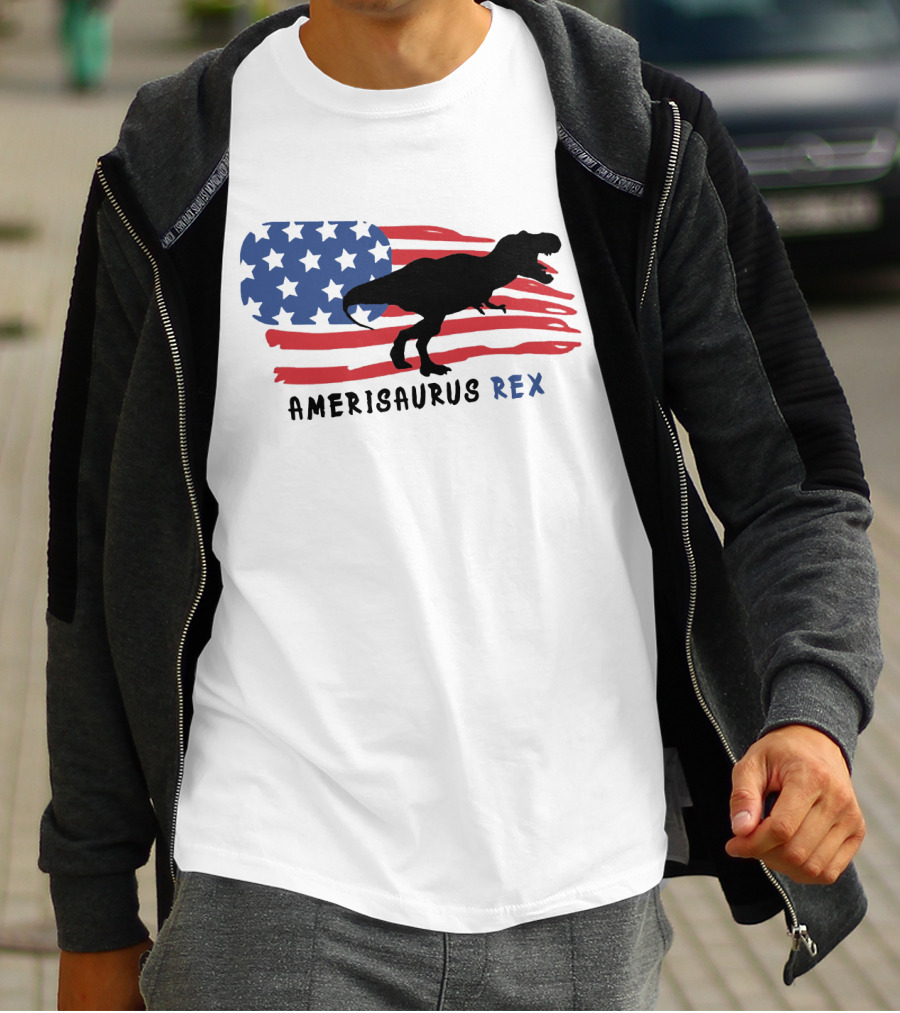 Amerisaurus Rex Dinosaur Silhouette With American Flag T-Shirt