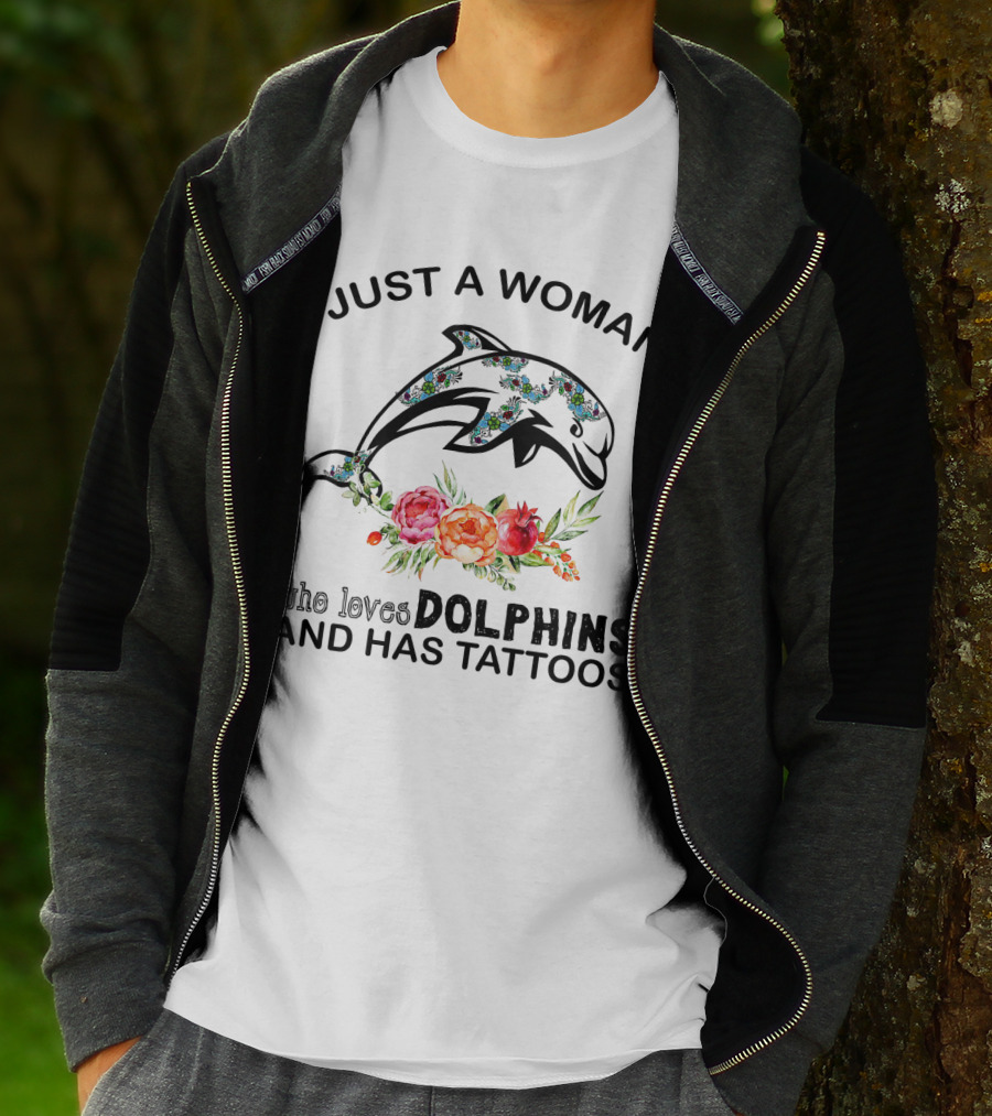 Just A Woman Who Loves Dolphins And Has Tattoos With Floral Pattern Dolphin T-Shirt