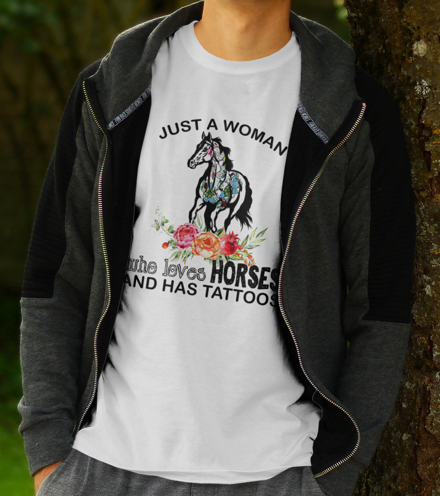 Just A Woman Who Loves Horses With Tattoos And Floral Accents T-Shirt