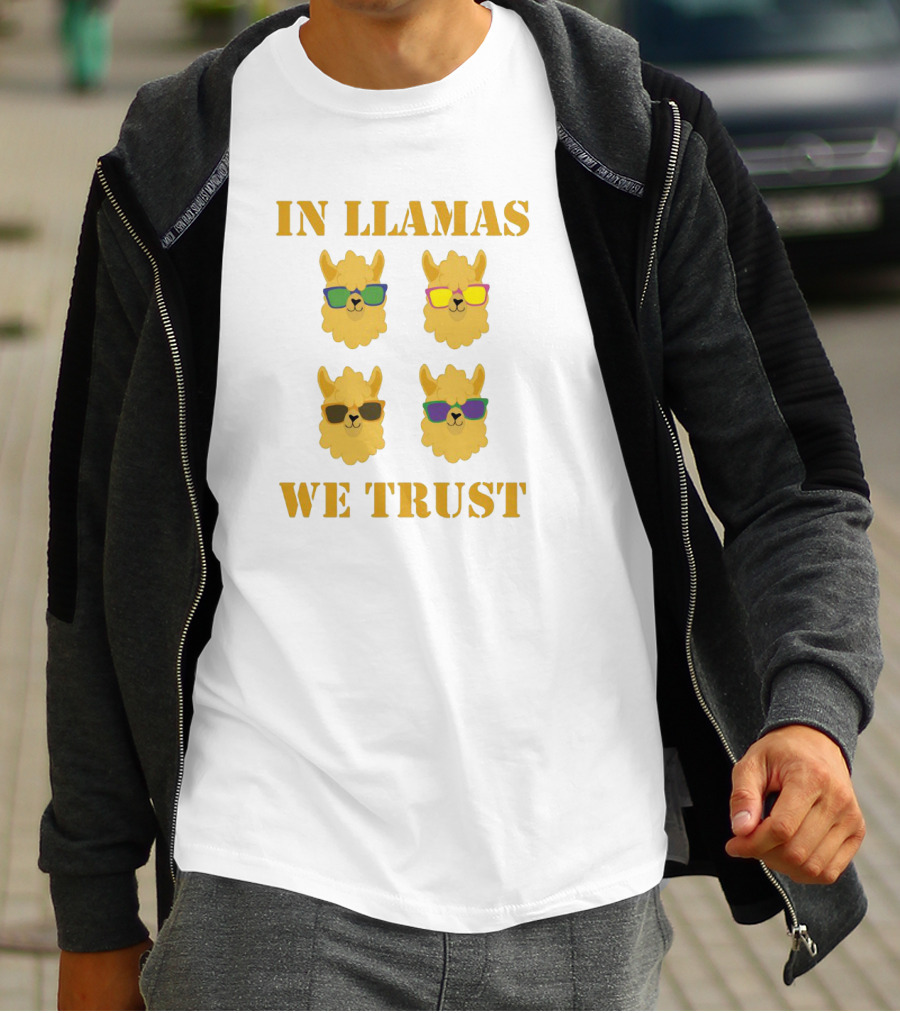 In Llamas We Trust With Cool Sunglasses Wearing Llama Heads T-Shirt