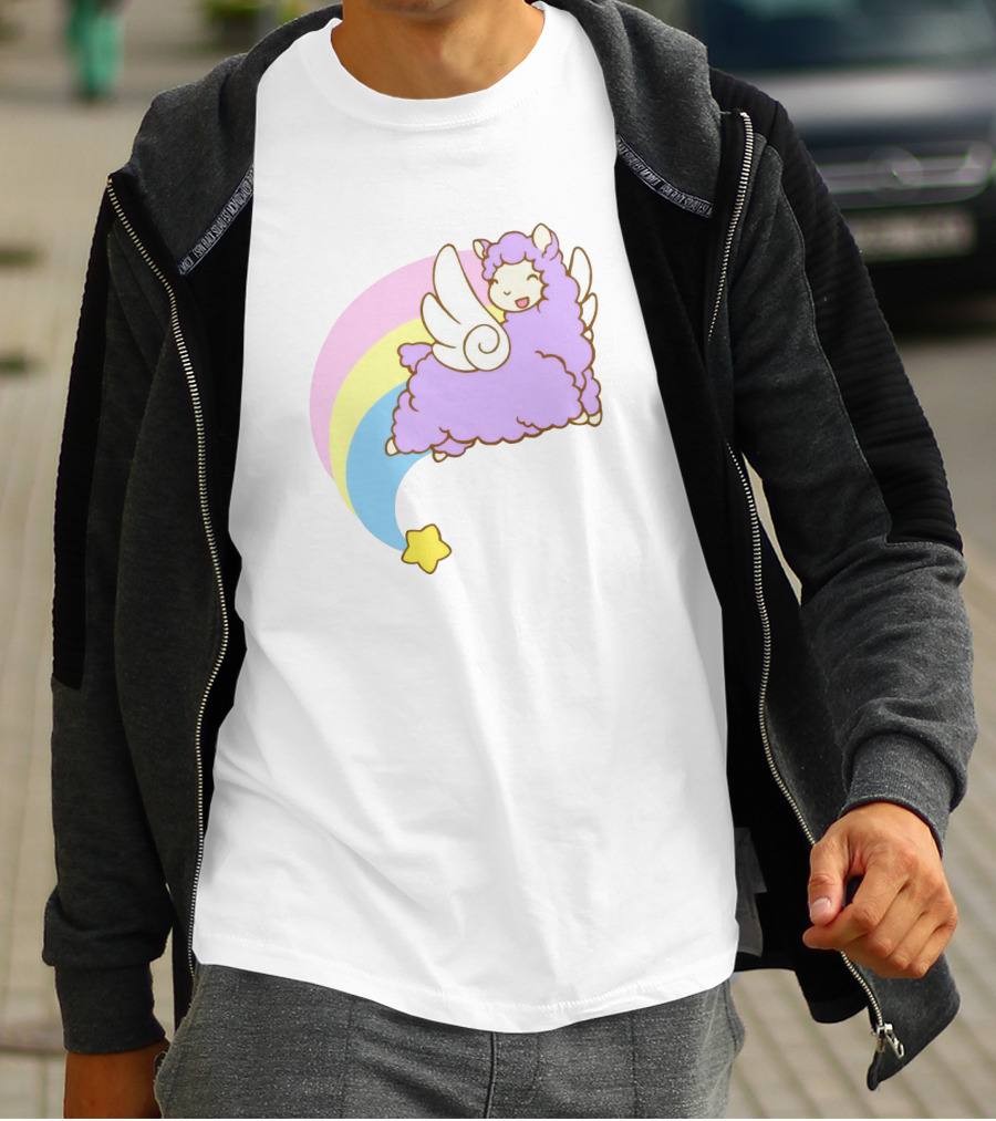 Flying Alpacasus: Winged Purple Alpaca With Rainbow And Star Trail T-Shirt