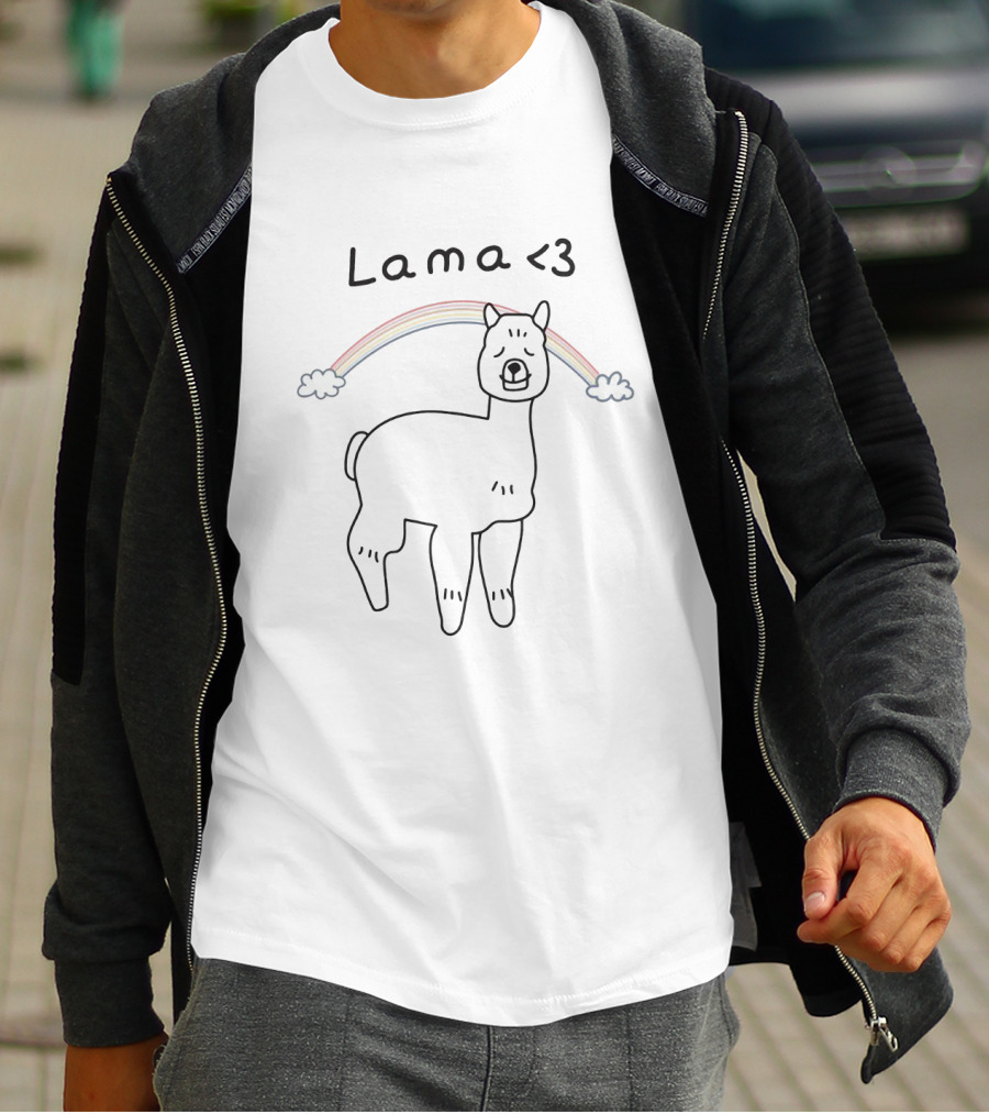 Lama <3 Rainbow Sketch With Colorful Clouds T-Shirt